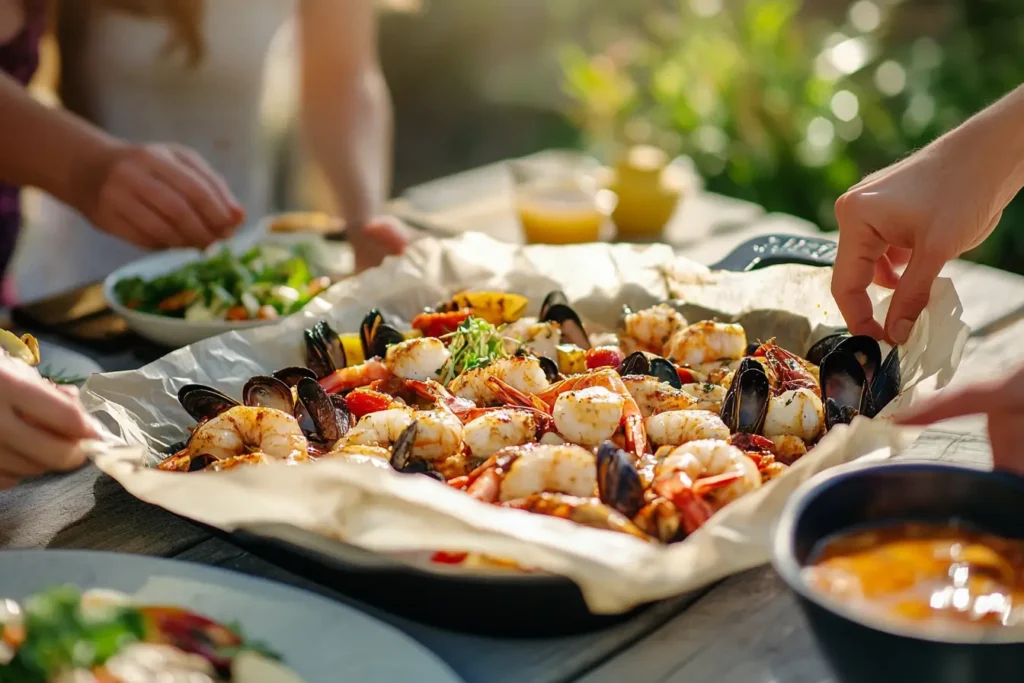 Outdoor seafood boil with parchment paper spread and dipping sauce