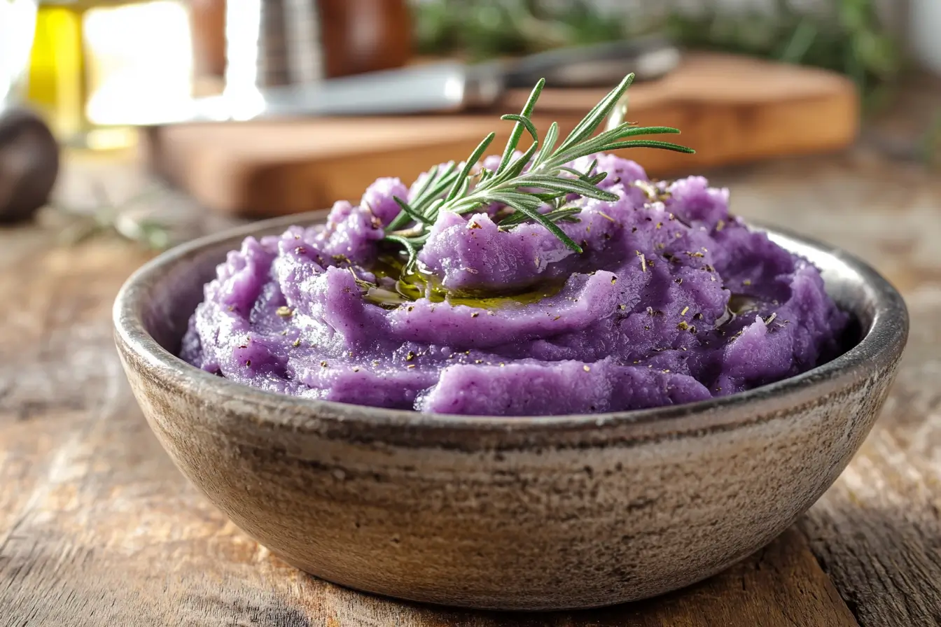 Purple sweet potato mash garnished with rosemary