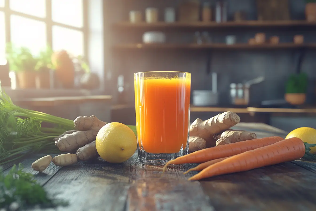 Fresh carrot juice in a glass surrounded by whole carrots and ginger