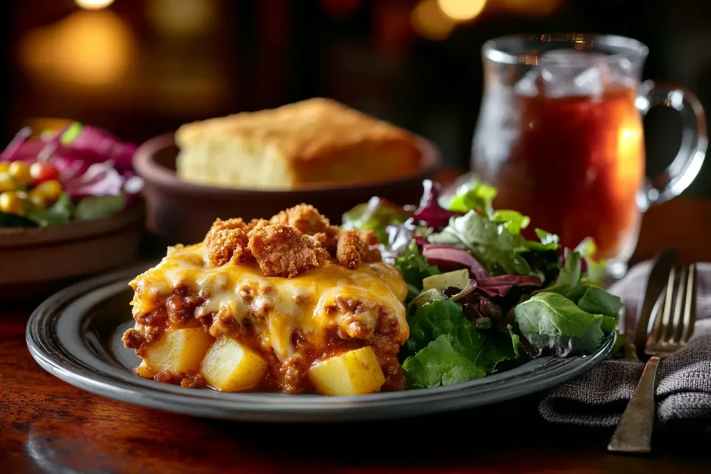 Plated hobo casserole with salad and cornbread.