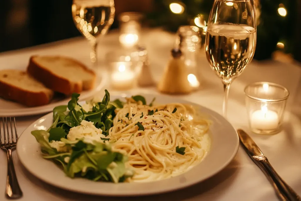 A dinner table with Alfredo Spaghetti, garlic bread, and Caesar