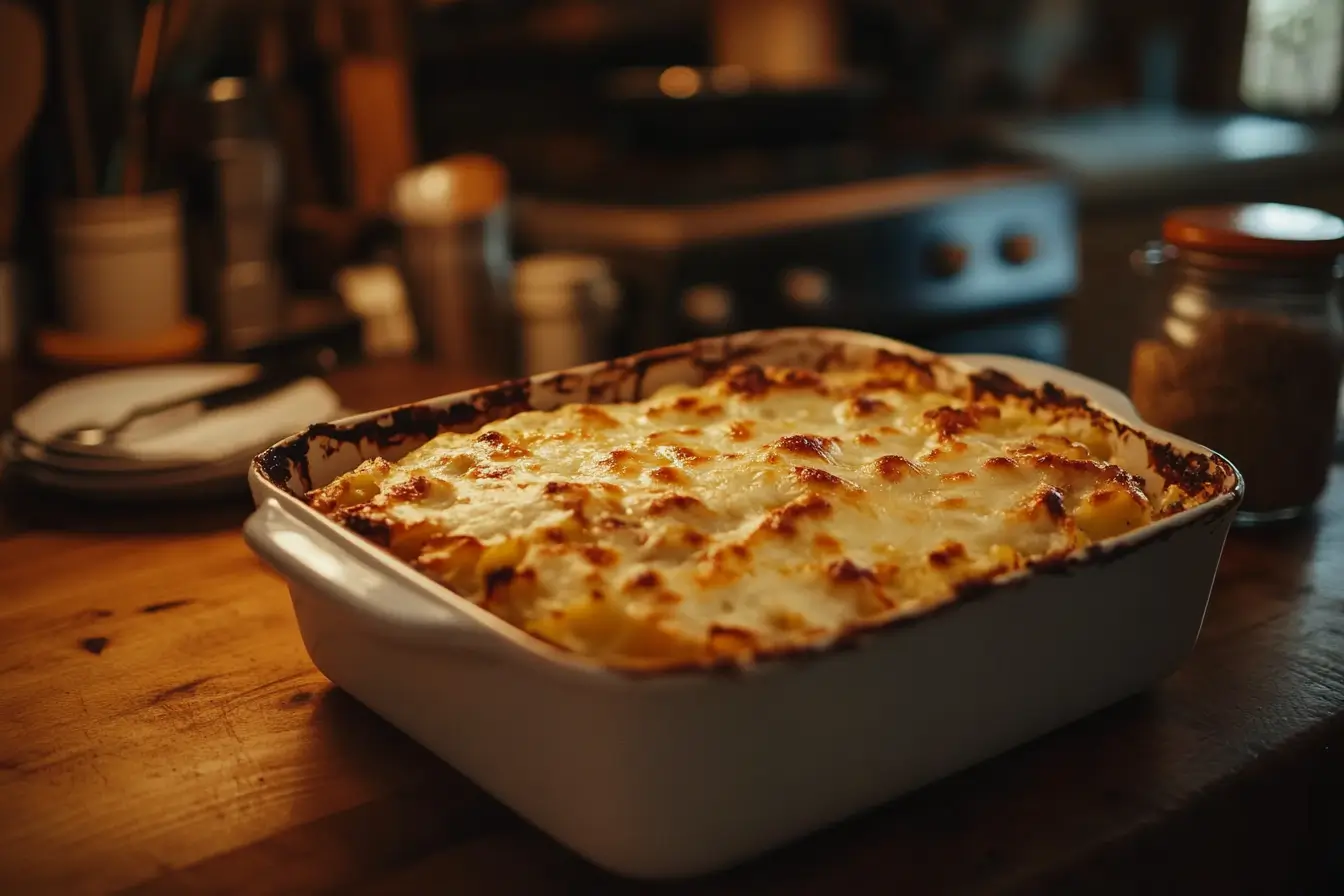 Close-up of freshly baked hobo casserole in a rustic kitchen.