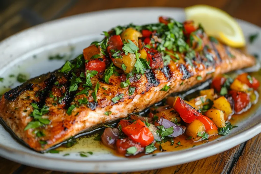 Grilled steelhead trout garnished with fresh herbs and lemon