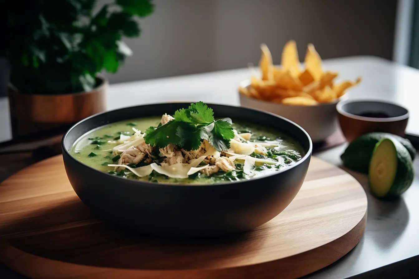 Bowl of chicken poblano soup garnished with lime and cilantro