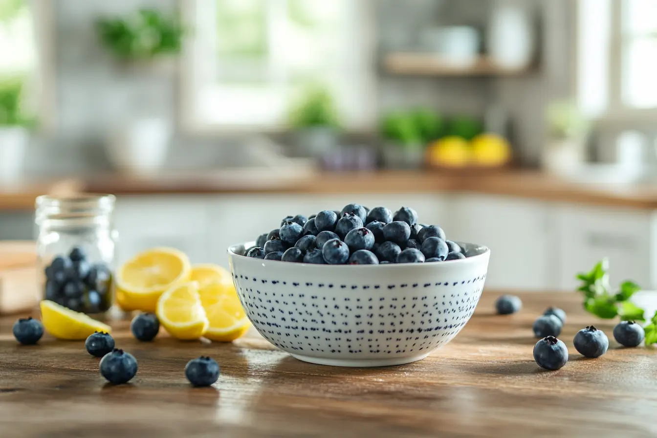 Fresh blueberry compote in a bowl with kitchen decor