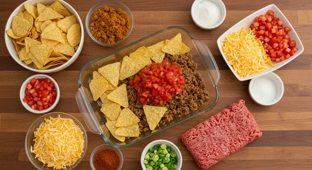 Ingredients and preparation process for walking taco casserole