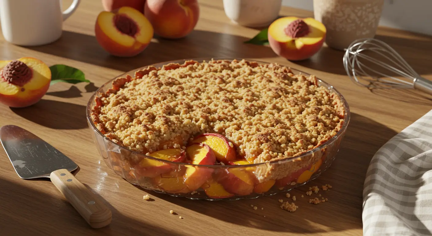 Close-up of a golden peach crumble in a modern kitchen