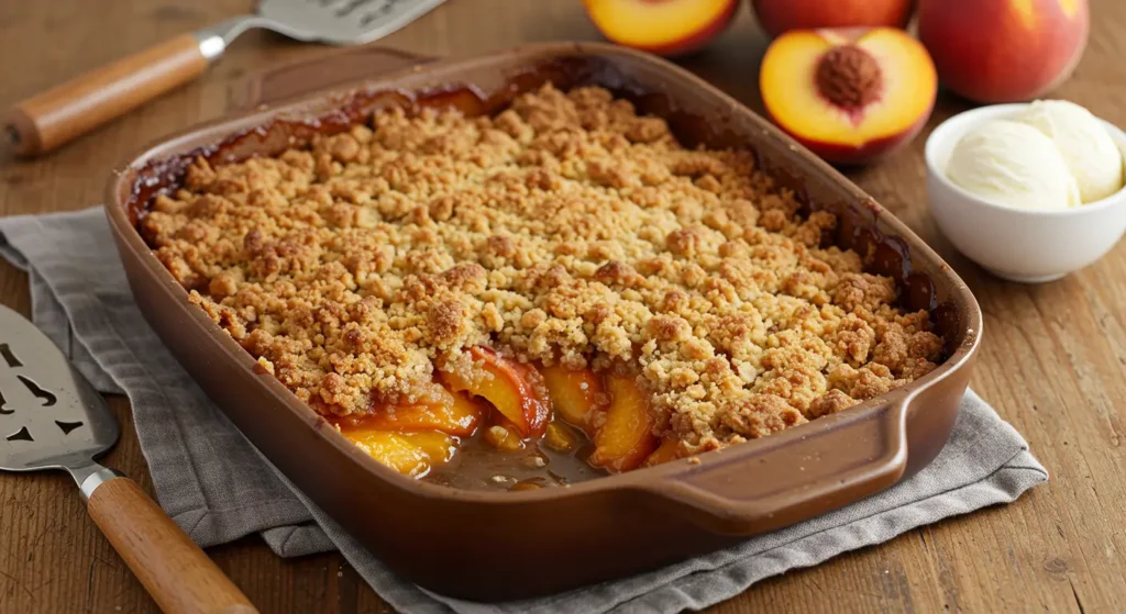  Baked peach crumble served with ice cream