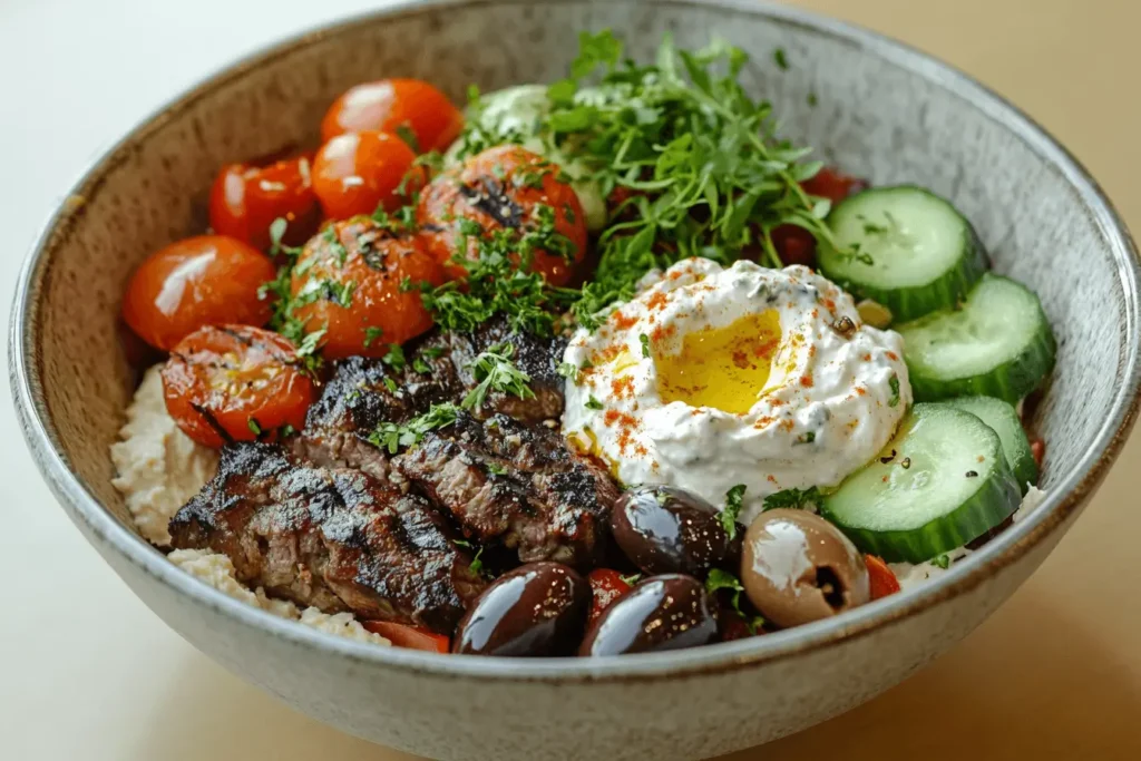 Mediterranean burger bowl with lamb, hummus, and tzatziki