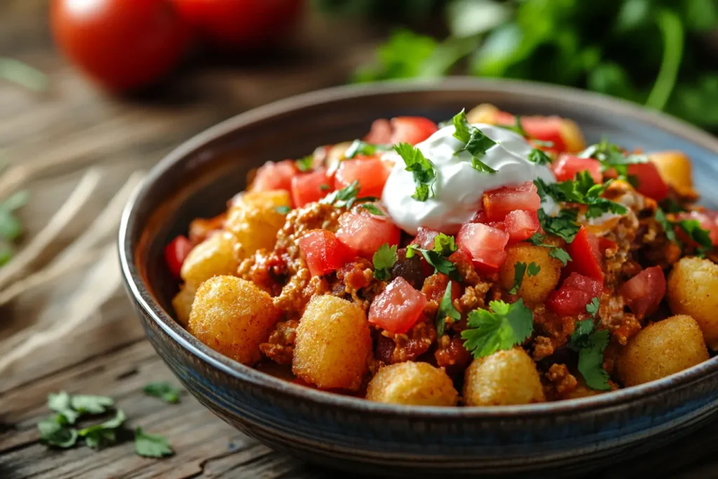 aco Tater Tot Casserole with Crispy Topping and Vibrant Garnishes