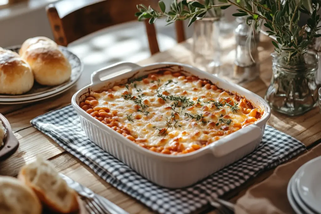 A casserole dish of baked beans served on a wooden table with a gingham tablecloth and bread rolls