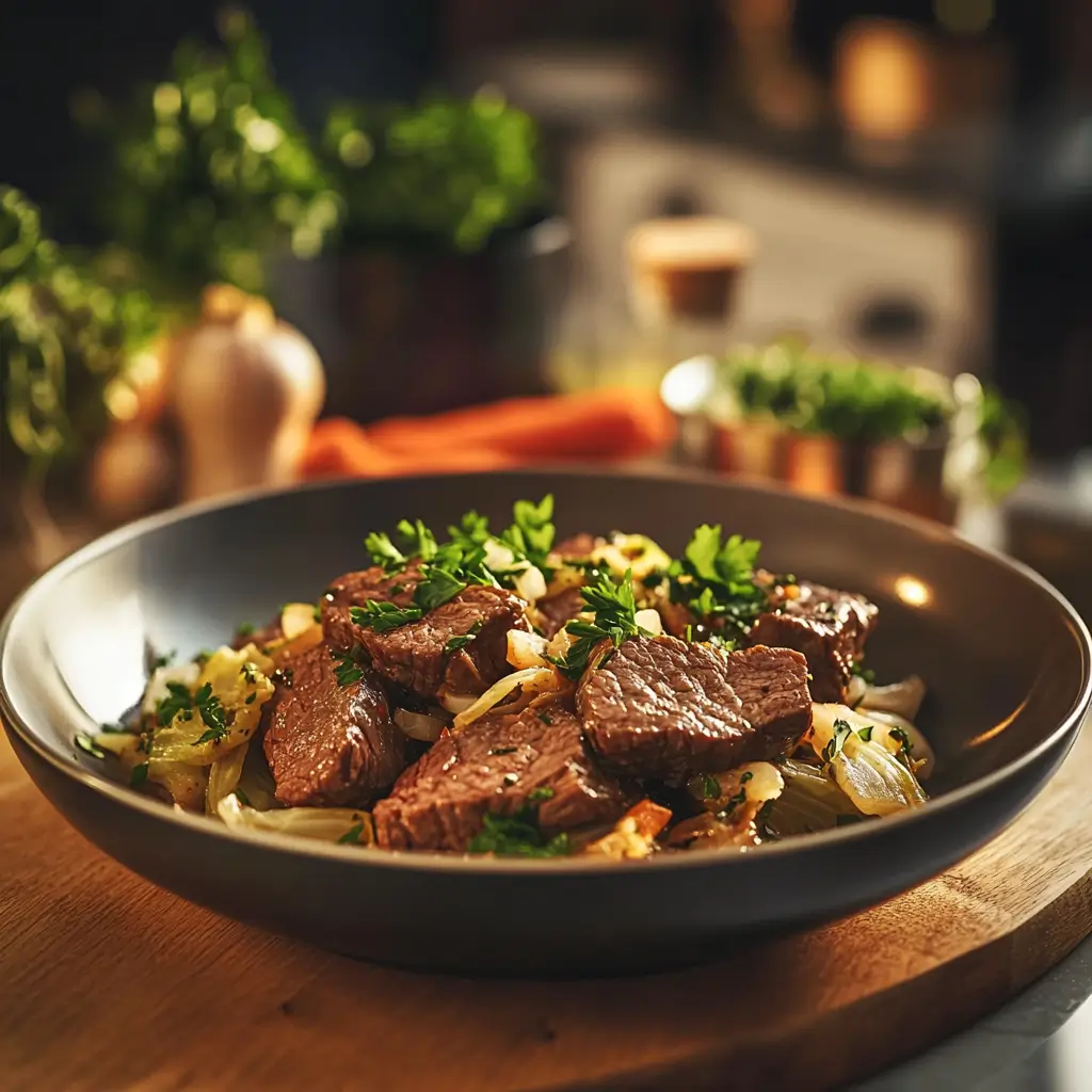 A dish of round beef and cabbage on a rustic counter in a modern kitchen