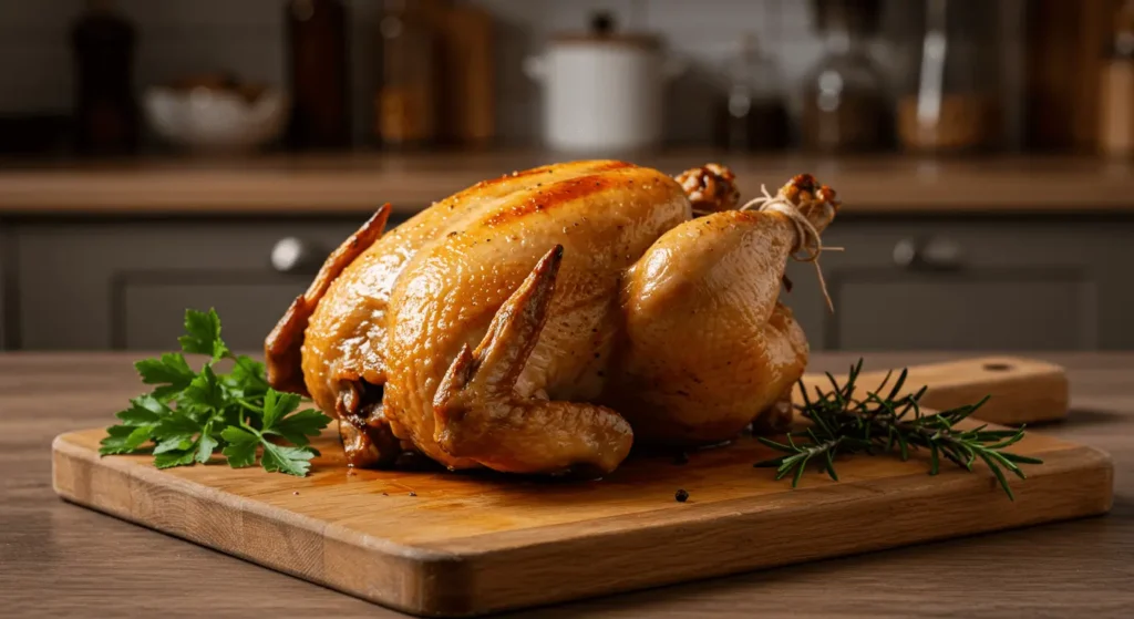 Golden brown rotisserie chicken on a cutting board with fresh herbs in a rustic kitchen