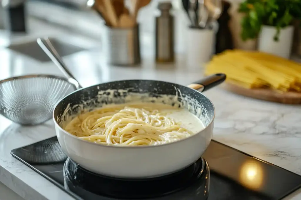 A saucepan with Alfredo sauce and spaghetti in a modern kitchen.