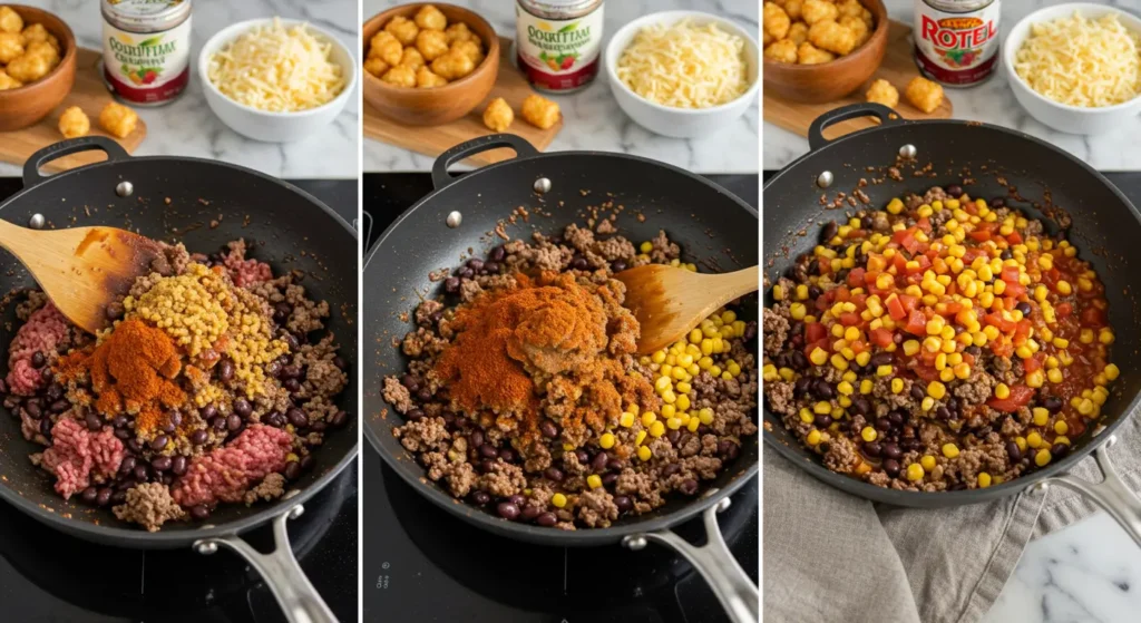 Ground beef taco meat mixture with beans and corn in a skillet