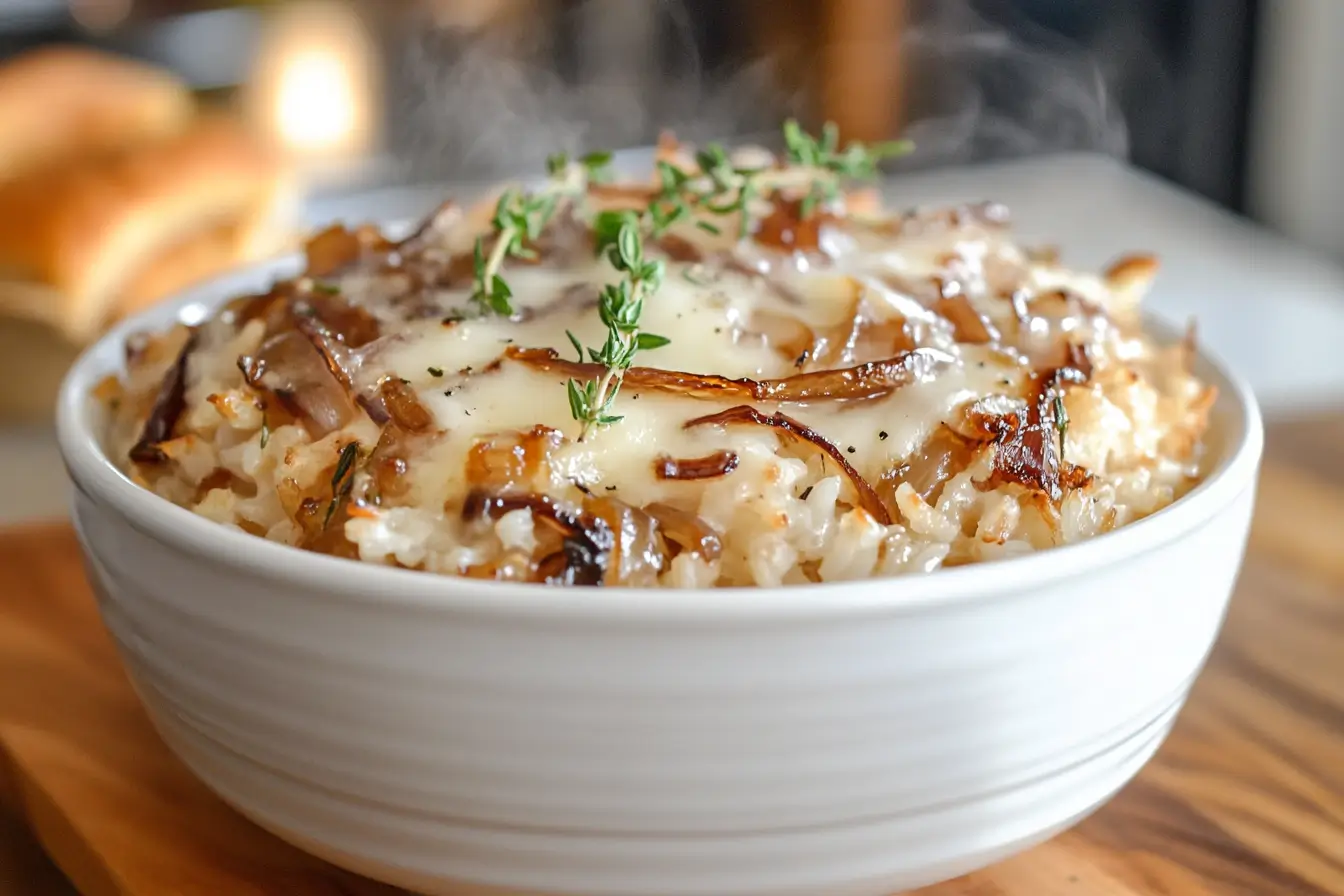 Close-up of French onion rice garnished with caramelized onions and herbs