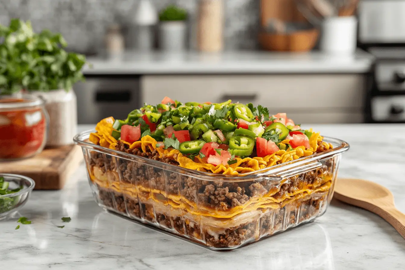 Walking taco casserole in a modern kitchen with vibrant toppings