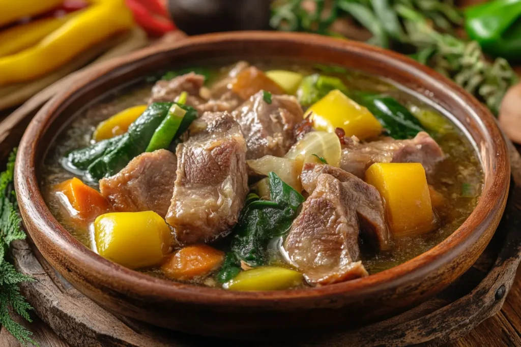 A vibrant bowl of sinigang with vegetables and pork on a rustic table