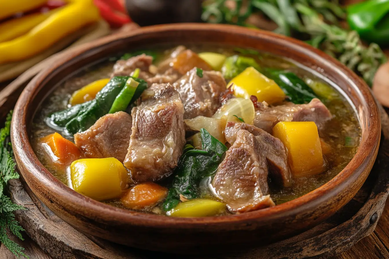 A vibrant bowl of sinigang with vegetables and pork on a rustic table