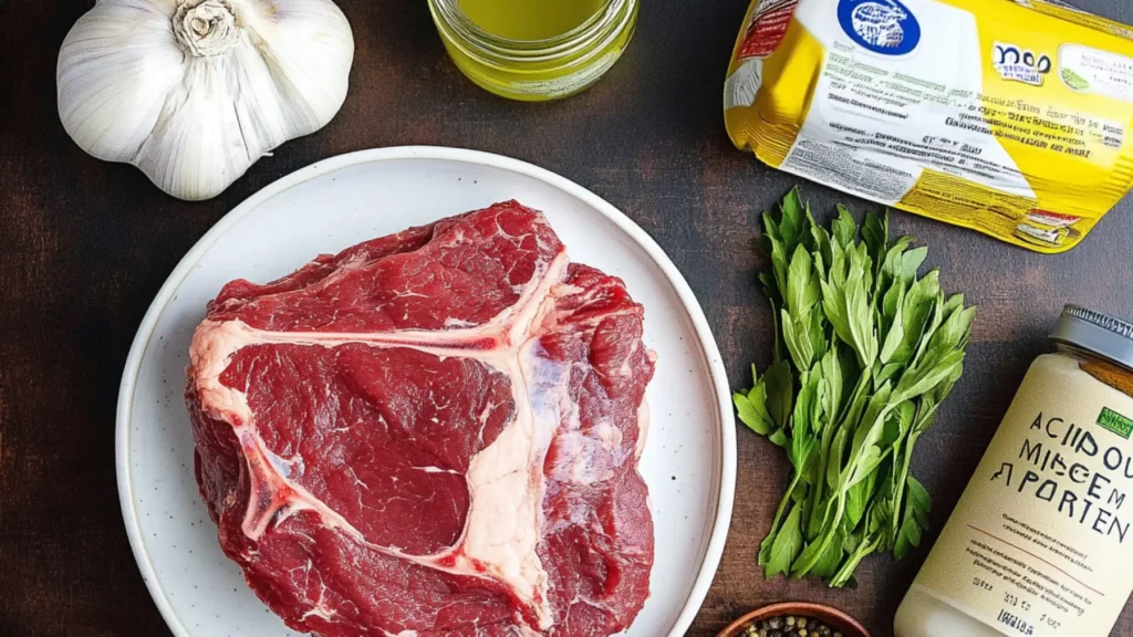 Overhead view of a raw chuck roast on a white plate, surrounded by garlic, butter, fresh herbs, and seasonings for a Mississippi roast recipe.
 