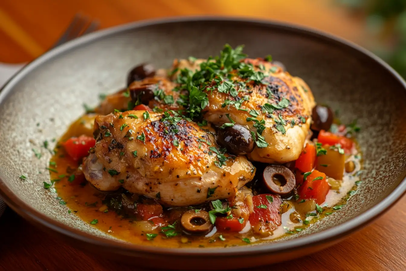 Slow Cooker Mediterranean Chicken with olives and herbs.