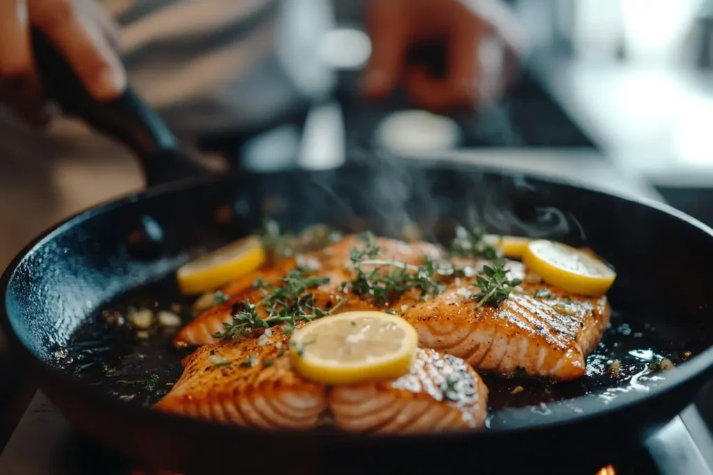  Chef pan-searing fresh salmon fillets with lemon and herbs