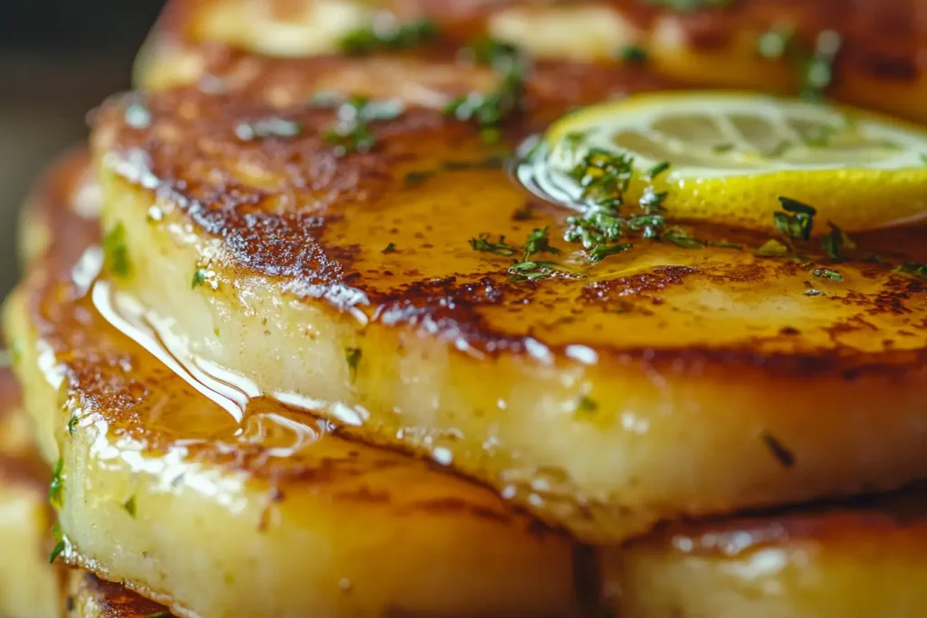 Stack of fluffy lemon ricotta pancakes topped with fresh lemon