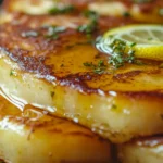 Stack of fluffy lemon ricotta pancakes topped with fresh lemon