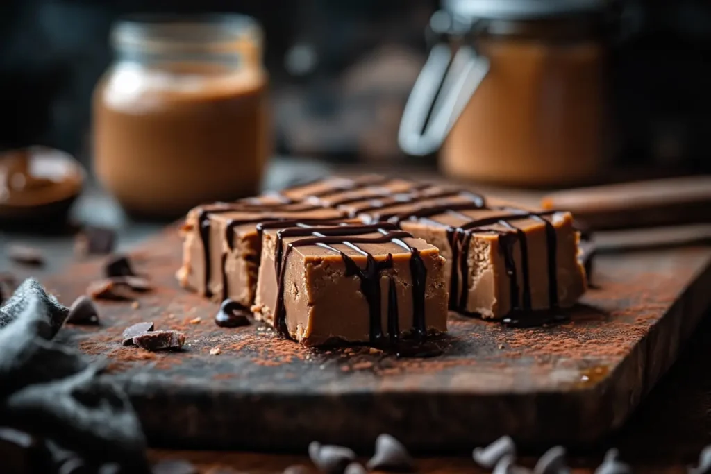 Freshly cut 3 ingredient peanut butter fudge squares on a wooden board