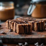 Freshly cut 3 ingredient peanut butter fudge squares on a wooden board