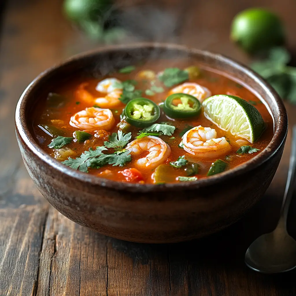 Steaming bowl of Spicy Shrimp Soup with lime and jalapeños