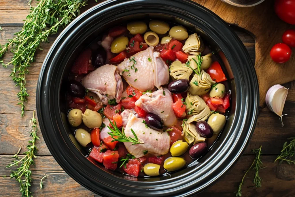 Slow cooker filled with Mediterranean chicken ingredients