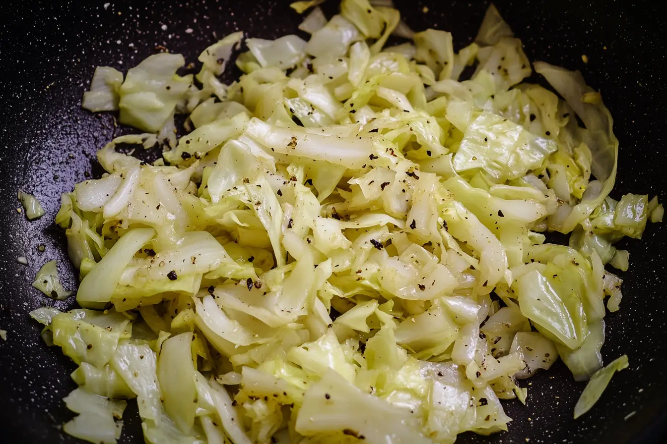 Sautéed cabbage in a skillet, a key step in this easy cabbage egg recipe. Title: Sautéed Cabbage