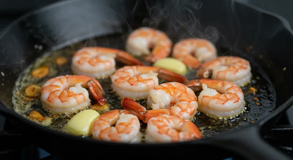 Shrimp sautéing in butter and garlic for Spicy Shrimp Soup