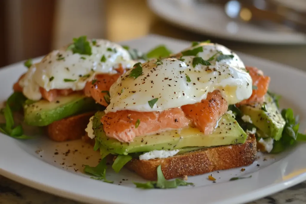  Salmon and avocado toast with a poached egg on sourdough