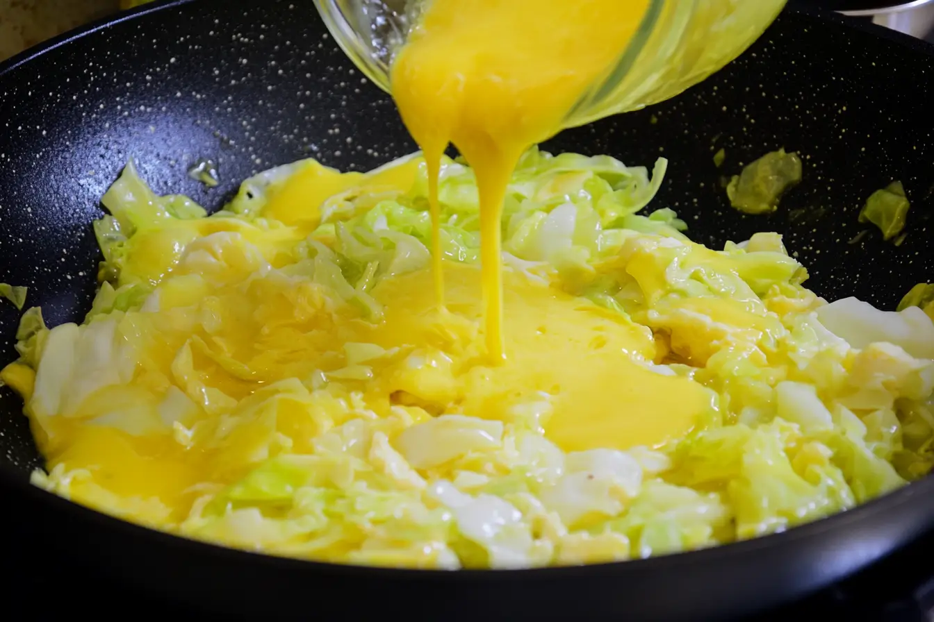 Combining eggs and cabbage in a skillet, part of a simple cabbage egg recipe. Title: Cabbage and Eggs Combining