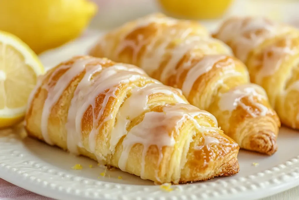 Freshly baked lemon cheesecake crescent rolls with glaze