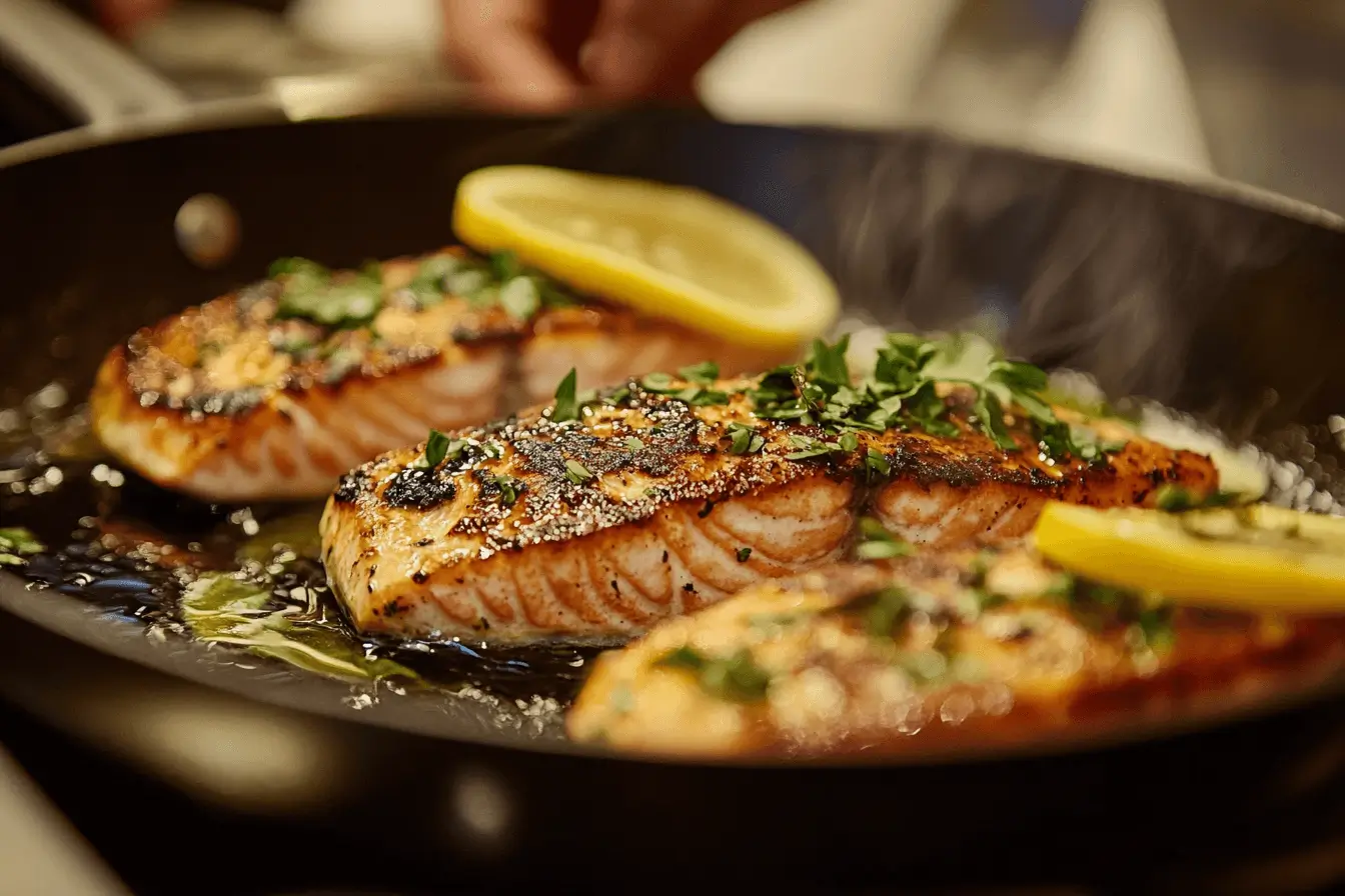 Chef pan-searing fresh salmon fillets with lemon and herbs