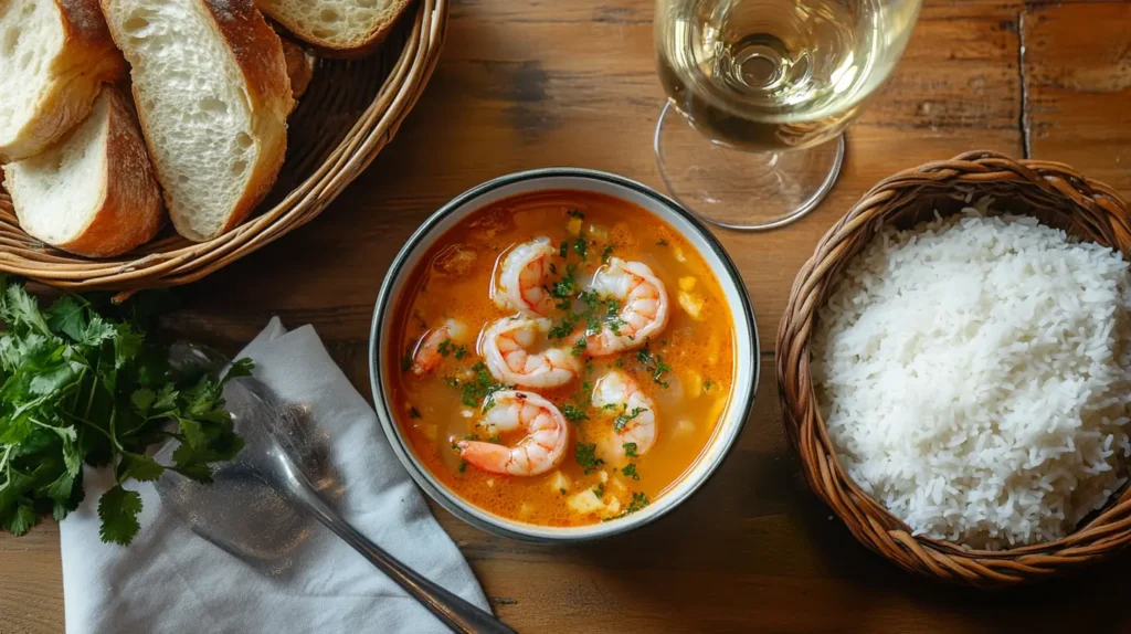 Spicy Shrimp Soup served with rice and bread