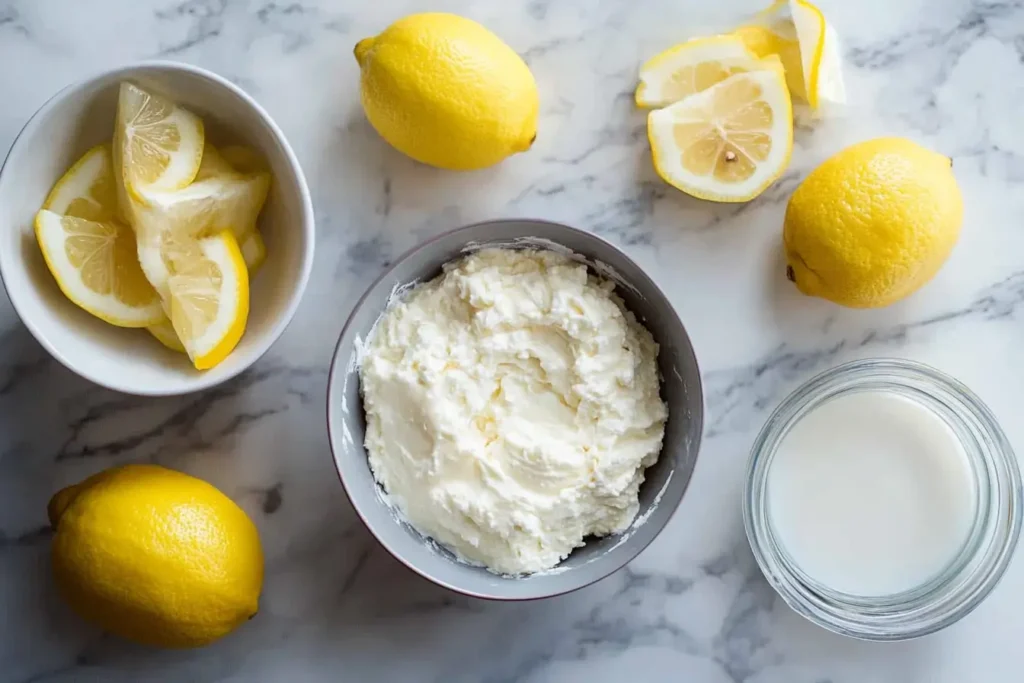  fluffy lemon ricotta pancakes, fresh lemons, ricotta cheese, eggs, and flour.