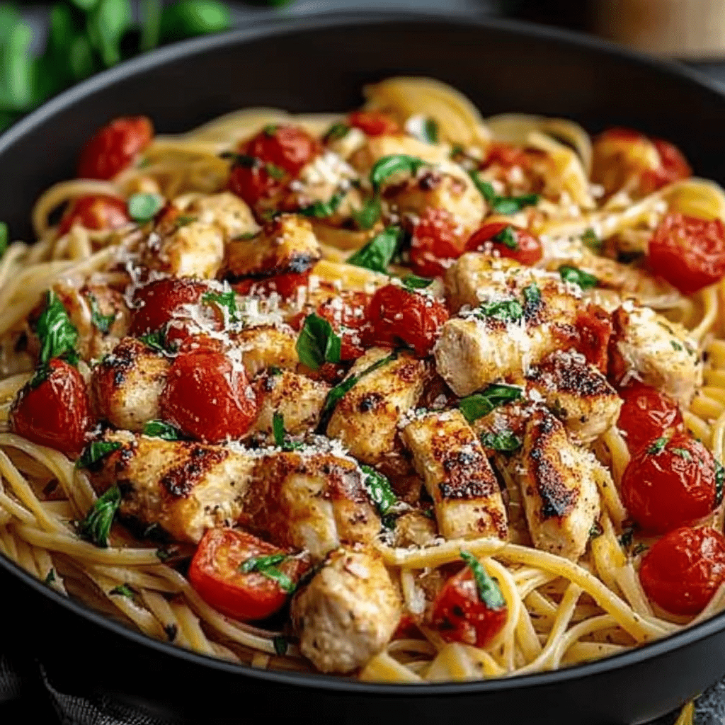 Close-up of linguine pasta topped with grilled chicken pieces, cherry tomatoes, basil, and grated parmesan.